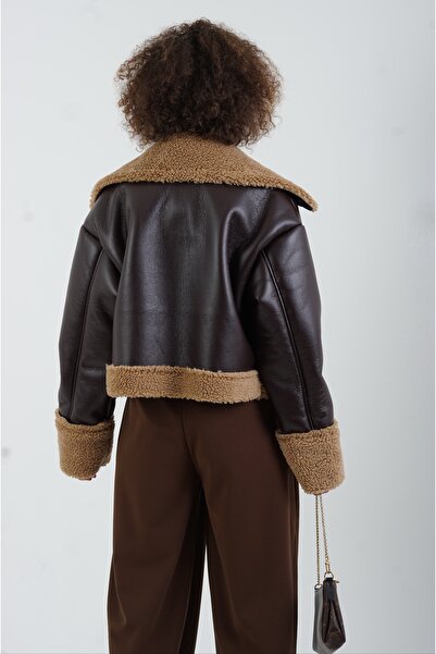 Zelish My Sister Κοντό παλτό από συνθετικό δέρμα καφέ