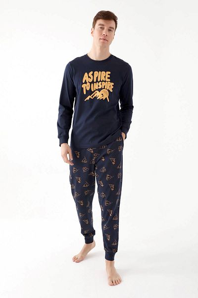 BSM Ανδρικό σετ πιτζάμες υψηλής ποιότητας Aspire To Inside Dad Son Navy Blue με μακριά μανίκια με τσέπες