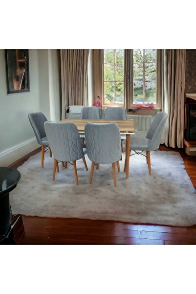 ŞEHBAL MOBİLYA KAHVE SABİT Yemek Masası Takımı CEVİZ Ayaklı Masa Takımı GRİ Sandalye BABE FACE Kumaş Mutfak Masası