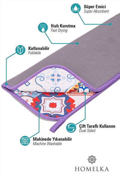HOMELKA Printex Bulaşık Matı Süper Emici Bulaşık Kurutma Örtüsü 45x36cm Katlanabilir Bulaşık Matı Bohem