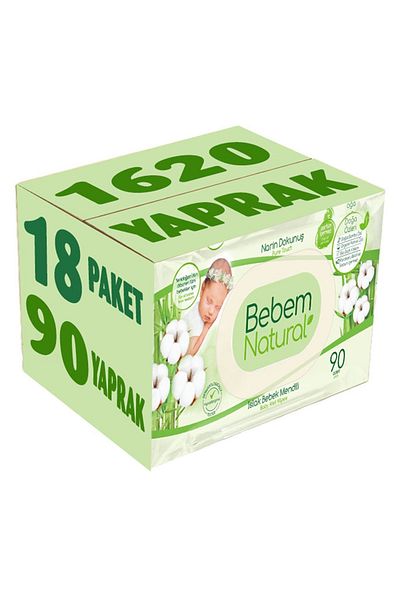 Bebem Natural مناديل مبللة للأطفال لمسة رقيقة / حديثي الولادة 90 ورقة مجموعة 18 قطعة بغطاء بلاستيكي