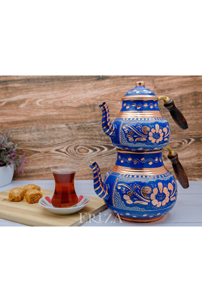 ERİZA 2,85 Litre Işlemeli Ikili Kalaylı Kalın Bakır Çaydanlık, Demlik Seti, Takımı
