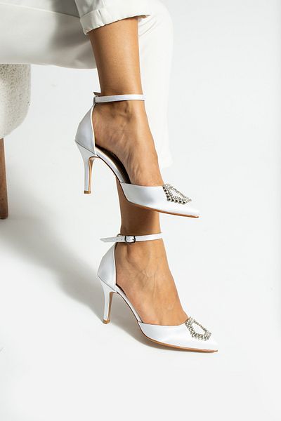 La Limar Limar White Satin Stone Detailed Ankle Strap 8.5 Cm Stiletto Pointed Toe Women's Heeled Shoes