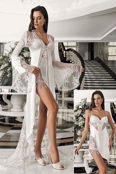 İmaj 3201 Women's Ecru Nightgown with Dressing Gown Double Dowry Satin Set