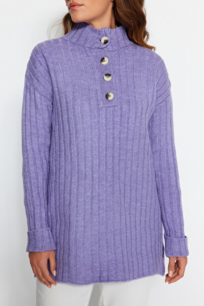 Trendyol Modest Lilac Collar Buttoned Ribbed Knitwear Sweater TCTAW23AK00035