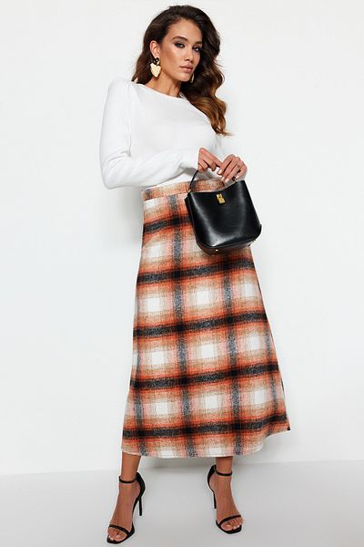 Trendyol Modest Orange karierter Winterrock TCTAW22EE0006