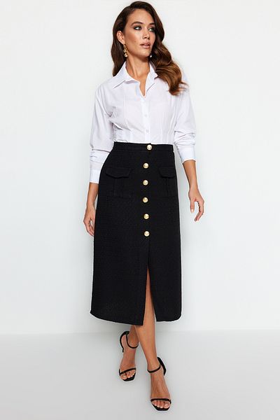 Trendyol Collection Detailní sukně z černé tvídové tkaniny TWOAW24ET00223