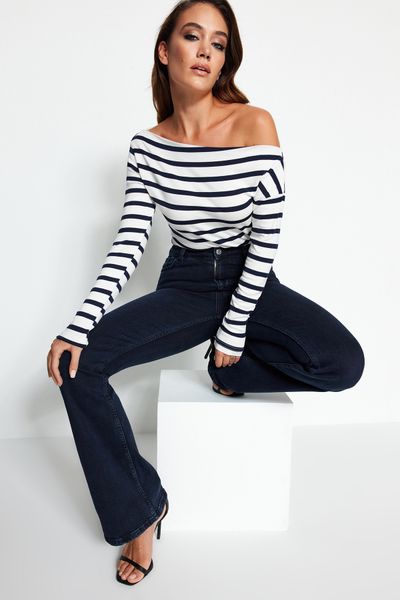 Navy Blue Striped Premium Soft Fabric Fitted Boat Neck Knitted Blouse TWOAW24BZ00227