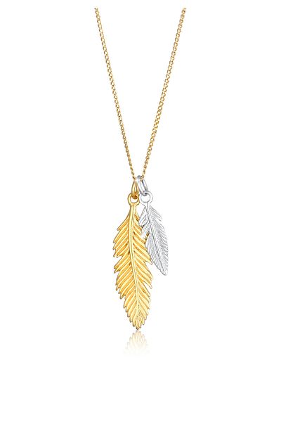 ELLI Halskette Damen Feder Anhänger Boho Look Trend Bicolor aus 925 Sterling Silber