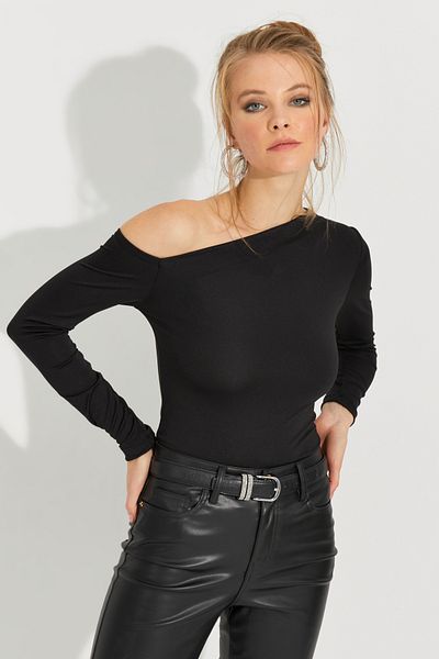 Cool & Sexy Damska czarna bluzka z kołnierzykiem krzyżowym EY2597