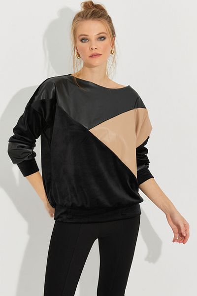 Cool & Sexy Women's Black-Gold Leather Blocked Velvet Sweatshirt BK1710