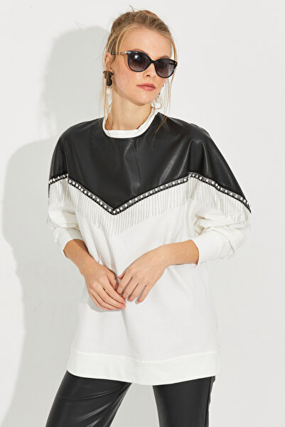 Cool Hanorac alb de damă din piele artificială blocată PKA806