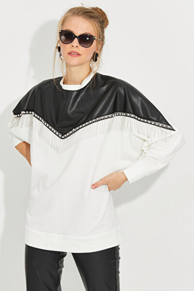 Cool Hanorac alb de damă din piele artificială blocată PKA806