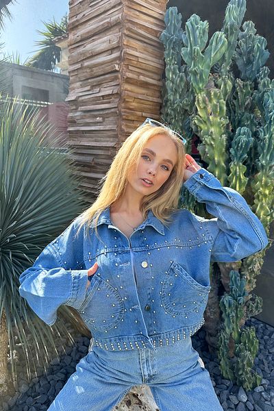 Trend Alaçatı Stili Γυναικείο Μπλε Troc Trim Crop Jean Jacket ALC-X11169