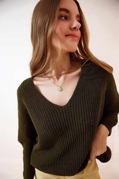 CoolLook Πουλόβερ με βαθύ V λαιμόκοψη, μακριά μανίκια, φαρδιά γραμμή, ελαστικ...