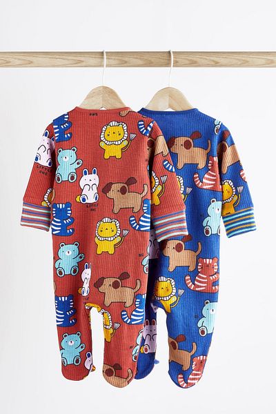Next Baby 100% Cotton Red Blue Animal Character Set of 2 Jumpsuits