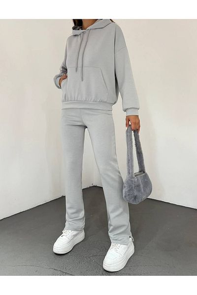 Unique Style Modal Gray Women's Hooded Leg Detailed Tracksuit Set