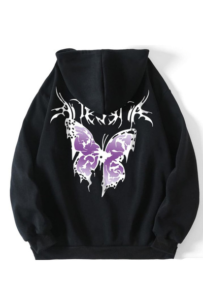 BROOD's Y2k Gothic Butterfly Hoodie Baskılı SİYAH Oversize Fermuarlı Unisex Kapüşonlu Hırka