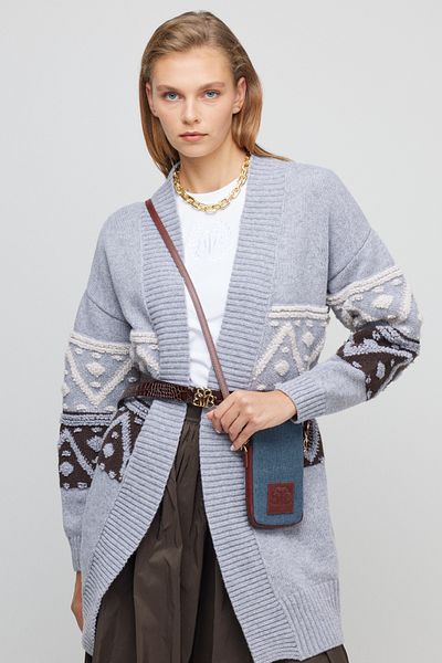 BROOKS BROTHERS Women's Gray Shawl Neck Standard Fit Patterned Pocketed Wool Knitwear Cardigan