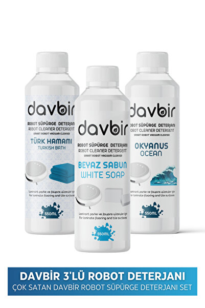 Davbir 3'lü Set Akıllı Robot Süpürge Deterjanı Beyaz Sabun,Türk Hamamı,Okyanus Sprey Mop Deterjanı 3X 550ML