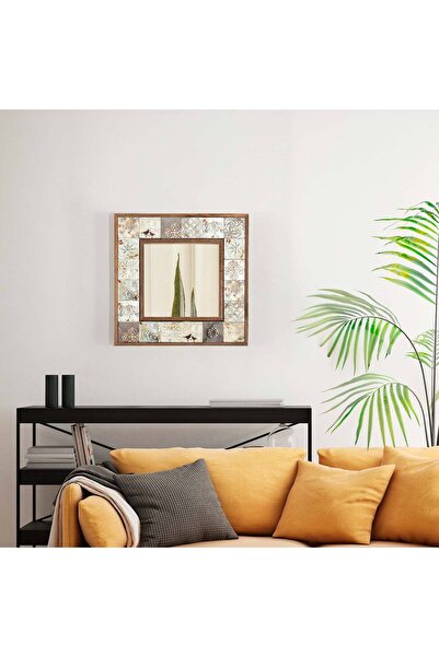 bluecape Doğal Ağaç 32x32 Cm Antik Limra Taş Çerçeveli Dekoratif Ayna