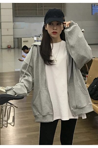 Köstebek Gray Melange Streetwear Zipper Hooded Sweatshirt