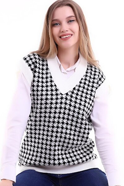 CoolLook Kazayağı Desen Rahat Kalıp V Yakalı Yaka ve Kol Ucu Bloklu Triko Süv...