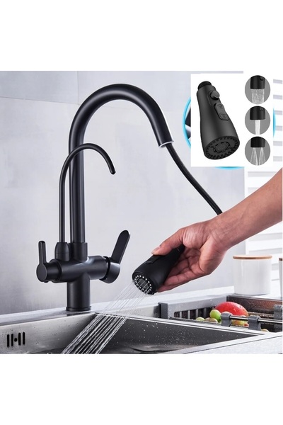 OEM صنبور حوض المطبخ مع مخرج تنقية المياه 3 وظائف دش مع نافورة أسود غير لامع ضمان 7 سنوات مستورد