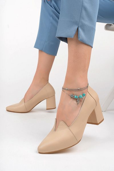 Deripabuc Genuine Leather Beige Women's Heeled Leather Shoes Shn-0955