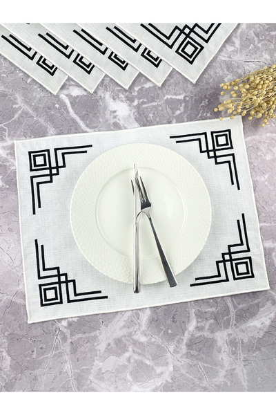 WEARE2 مستطيلة مطرزة باللون الأبيض والأسود مقاس 34 × 44 سم، مجموعة من 6 مفارش