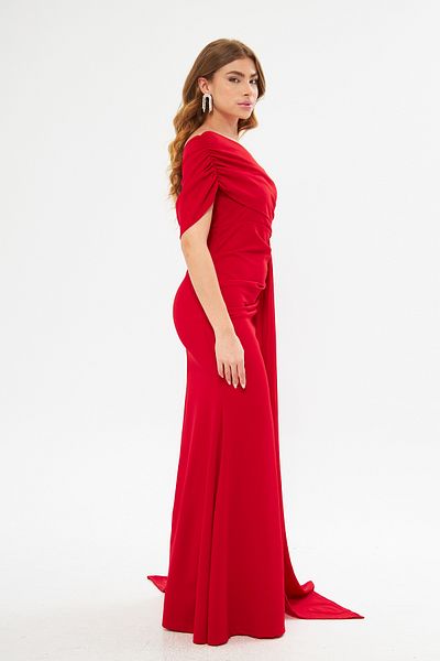 ModaLy Moda FLEXIBLE CREPE FABRIC RED COLOR EVENING DRESS WITH ONE SHOULDER DETAILED GL-684 582108