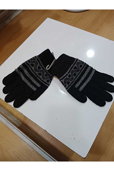 NUR TEKSTİL kadın siyah gri desenli yün karışımı triko eldiven
