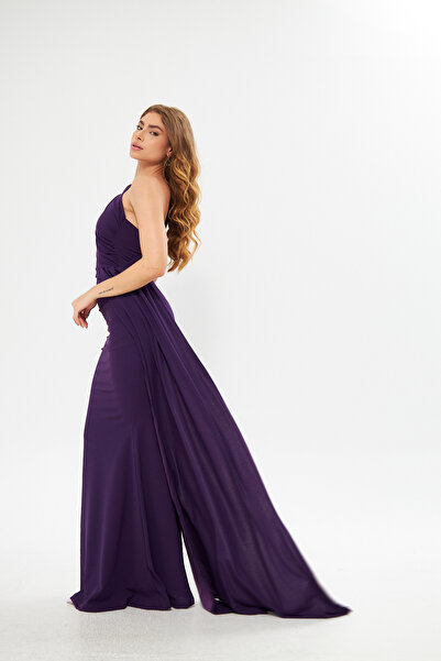 ModaLy Moda ESNEK KREP KUMAŞ MOR RENK TEK OMUZUNDA DETAYLI ABİYE ELBİSE GL-684 582108