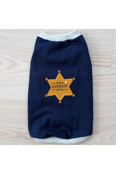 stylie Winter Sheriff Print Sleeveless Raised Cat Garment and Small Breed Dog Outfit, Navy Blue