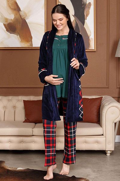 Lohussa Women's Navy Blue Velvet Plaid Maternity Dressing Gown Pajama Set