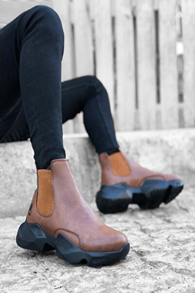 Rainon Store Laceless Comfortable High Sole Tan Leather Men's Sports Half Ankle Boots