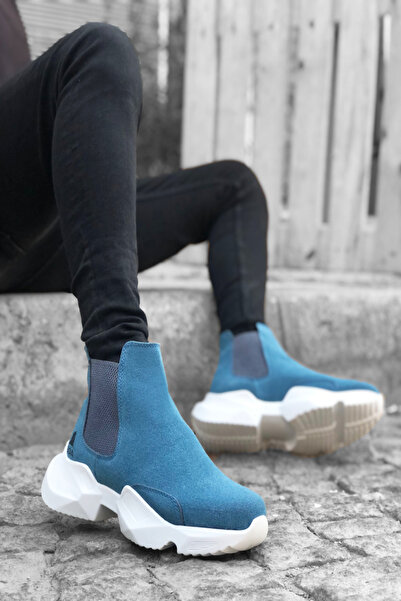 Mida Shoes Laceless Comfortable High Sole Blue Suede Men's Sports Half Ankle Boots
