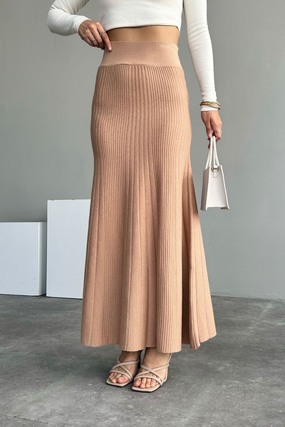 Lupies Women's Camel Ribbed Thick Long Viscose Knitwear Skirt