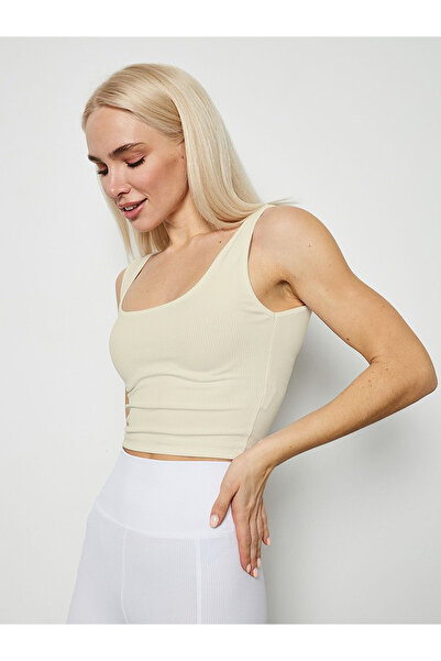 MİSTİRİK Marsala Model Corded Knitted Model Top Crop Sports Bustier Crop Ecru Color