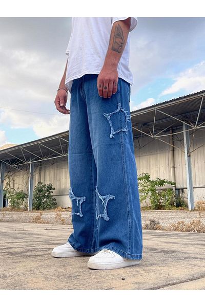BPM Premium Baggy Jeans - Starry Patch Design