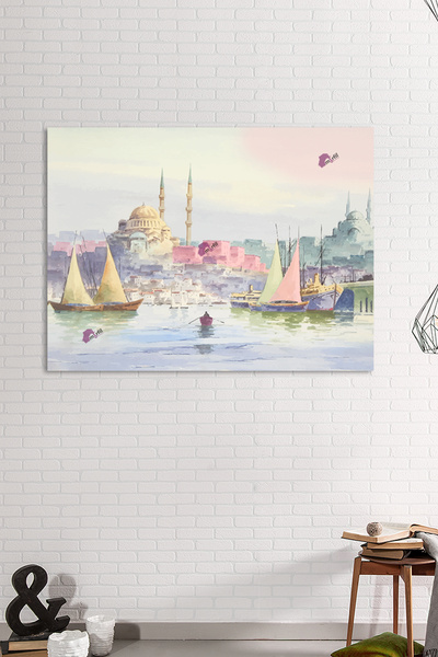 Morfil Sanat Atölyesi Istanbul City Landscape Pastel Colored Decorative Canvas Painting