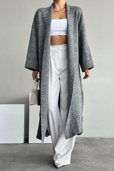 LOOSH Women's Dark Gray Shawl Collar Sleeve Detailed Long Knitwear Cardigan