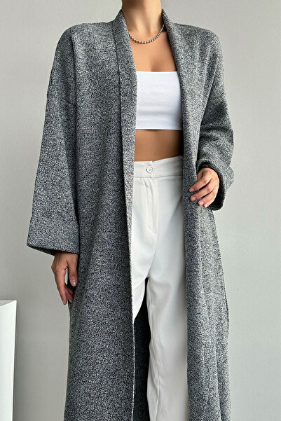 LOOSH Women's Dark Gray Shawl Collar Sleeve Detailed Long Knitwear Cardigan