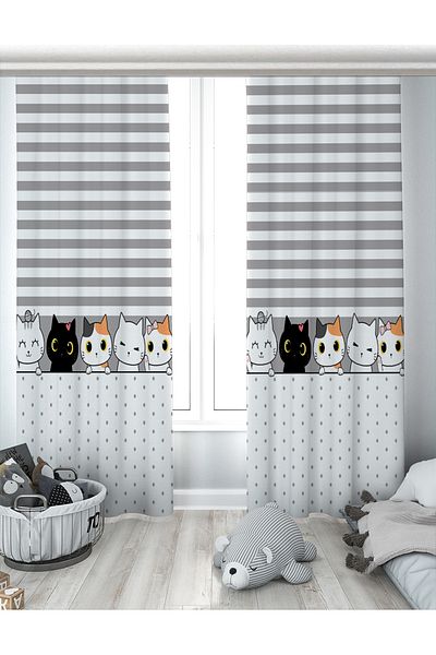 Evperest Striped Polka Dot Cat Double Wing Background Curtain EPP121