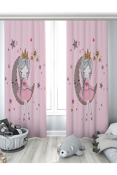 Evperest Girl Sitting on the Moon Pink Double Winged Background Curtain EPP111