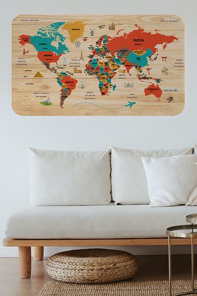 YourDream Wooden Look Turkish Educational Detailed Atlas World Map Wall Sticker-85x130-3867