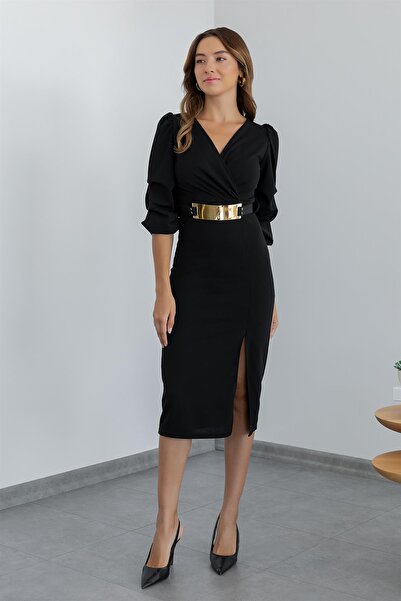 vuvutasarım Flexibilní potápěčský krepový látkový pásek s 3/4 rukávy, dvojitý límec, délka midi, černé večerní šaty 074