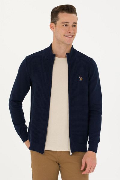 Navy Blue Men's Slim Fit Jacket Collar Textured Pocket Knitwear Cardigan