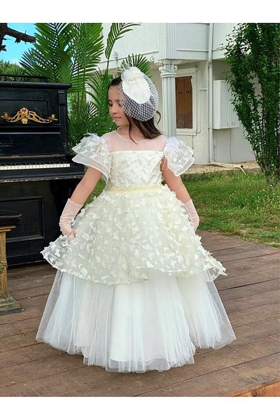 Sare Çocuk Giyim White Butterfly Detailed Girl's Evening Dress, Buckle, Gloves