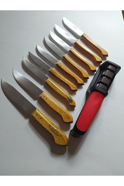 DİBA AVM Kitchen Knife Set - Wooden Handle Osmaniye Knife Fruit Vegetable Knife Knife Sharpening Tool Set of 10